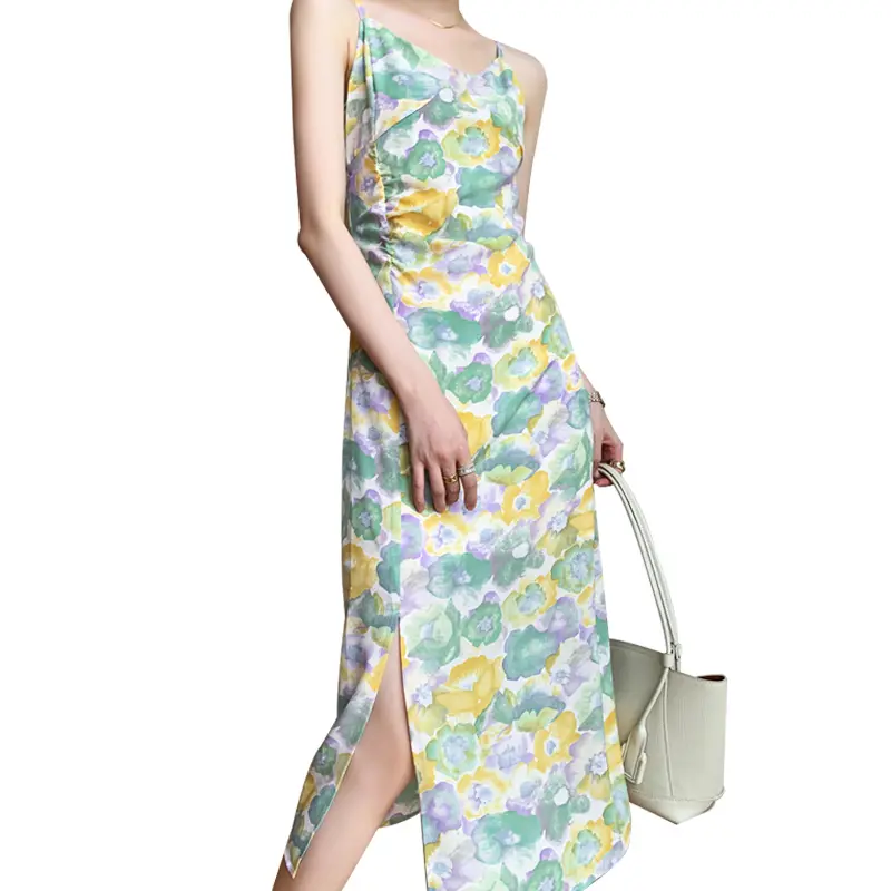 Cotton stretch digital print slip suspenders midi dress