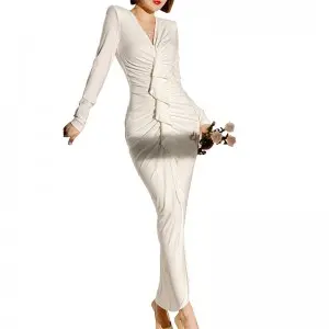 SS2318 Tencel Blend Crinkled V neck Frill Long Sleeve Bodice Slim Dress