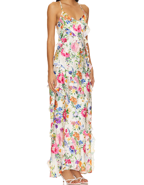 761 Poly Charmeuse fabric with ruffled trims dress