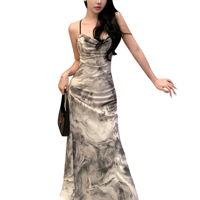 Cotton stretch digital print slip suspenders crew neck midi dress (1)