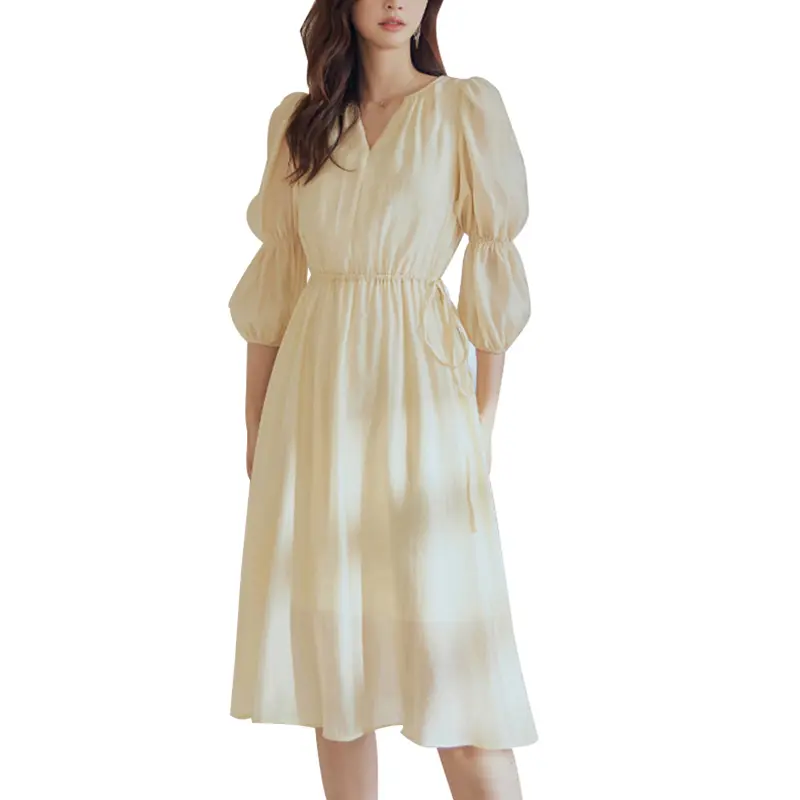 SS2349 Cotton Voile Plain Round  v Neck tied Mid Dress (1)