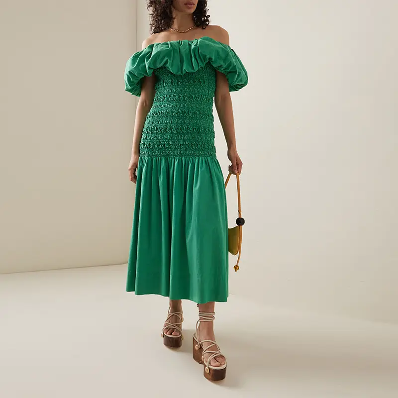 753  Juni Garment Dye  Sea Green off Shoulder Dress