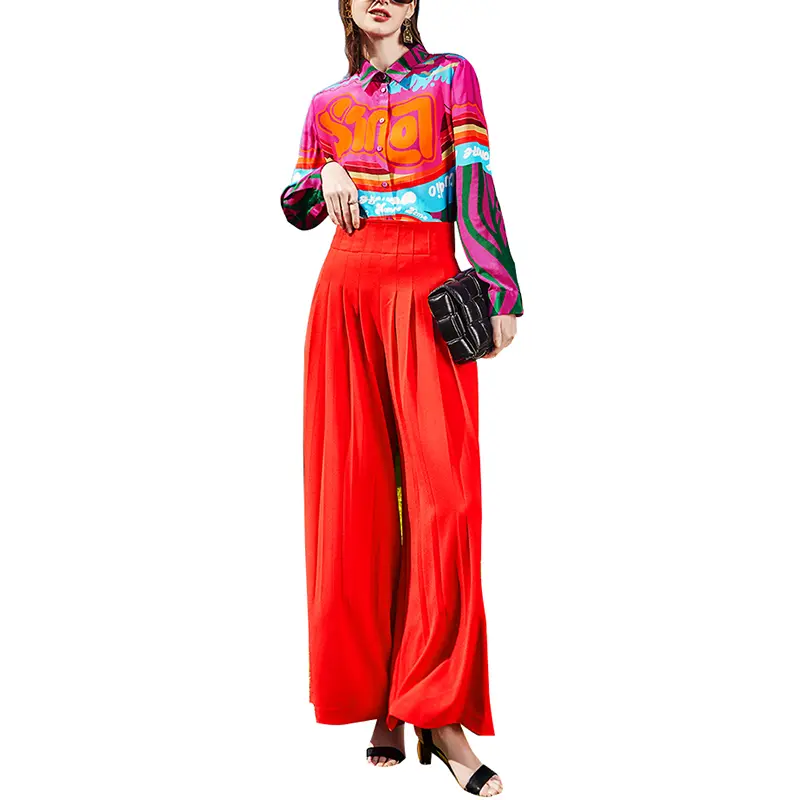 SS23109 Cotton Placement Digital Printed Button Up Long Sleeve Blouse Shirts  (1)