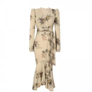 Cotton stretch weaved printing V neck puff sleeve asymmetry bodice dress