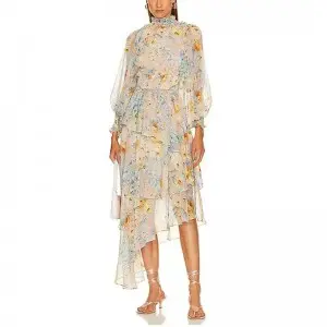 SS230717 Flower printed high Neck Frill Cake Layer irregular long max dress