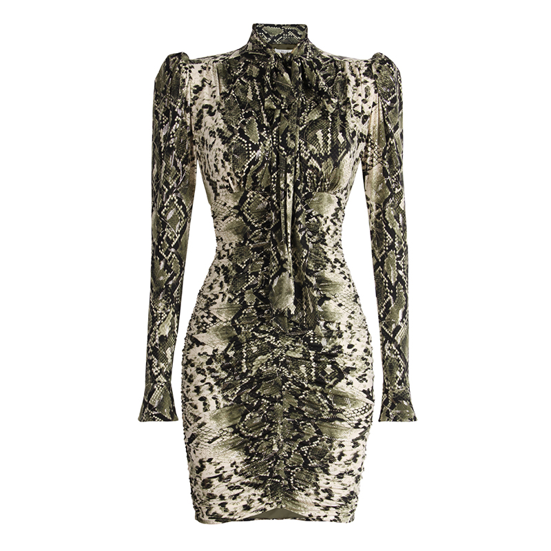 SS2315 Mesh Digital Leopard Printed Knight  Long Sleeve Tied Neck Mini Dress  (4)