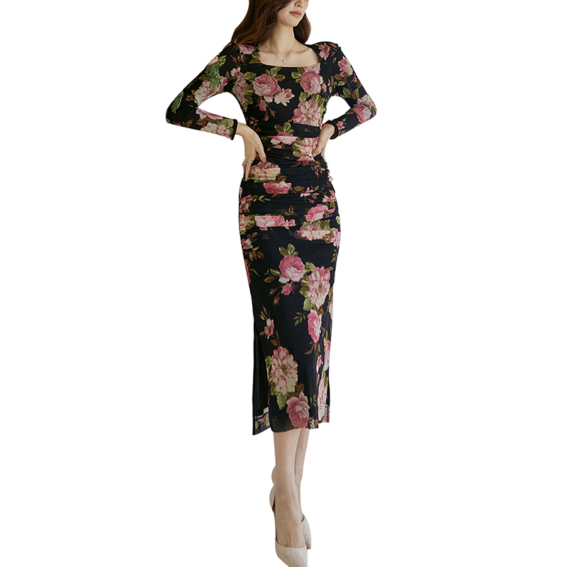 SS2348 Mesh Digital Printed Squared Neck long Sleeve Long Dress (1)