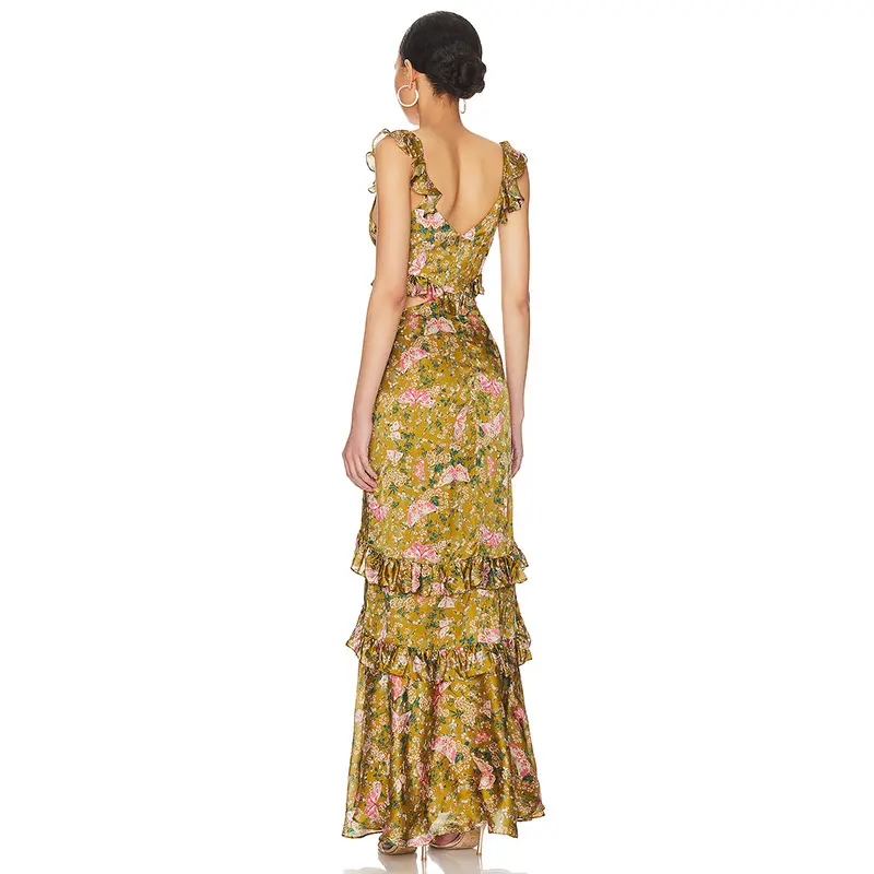 SS2381 Viscose Digital Printed Deep Neck Cut Out Waist Frill Long Dress