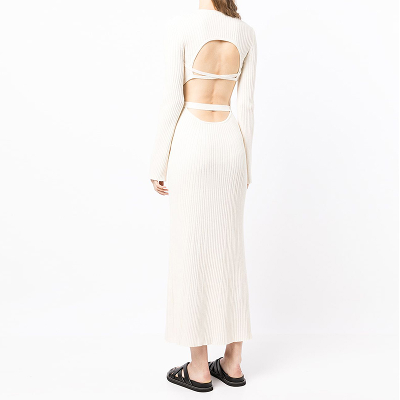 SS2320 Wool Blend tied Cut out Back Round Neck Waistband Kint long dress (3)