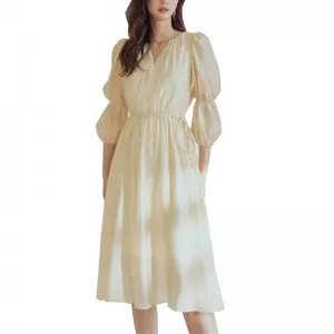 SS2349 Cotton Voile Plain Round  v Neck tied Mid Dress