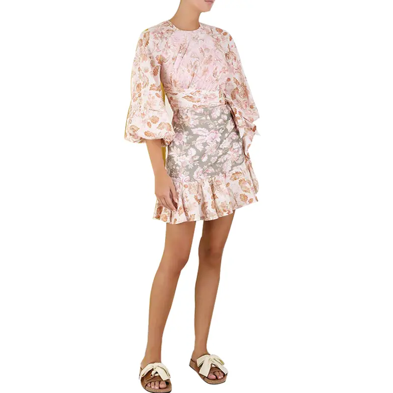 SS2367 Cotton Linen Digital Printed Cut Out Frill Mini Dress