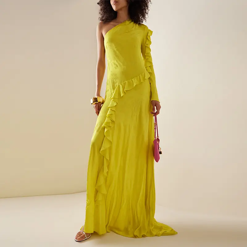 752 Yellow One Shoulder Ruffle Gown Alejandra Alonso Long Max Dress