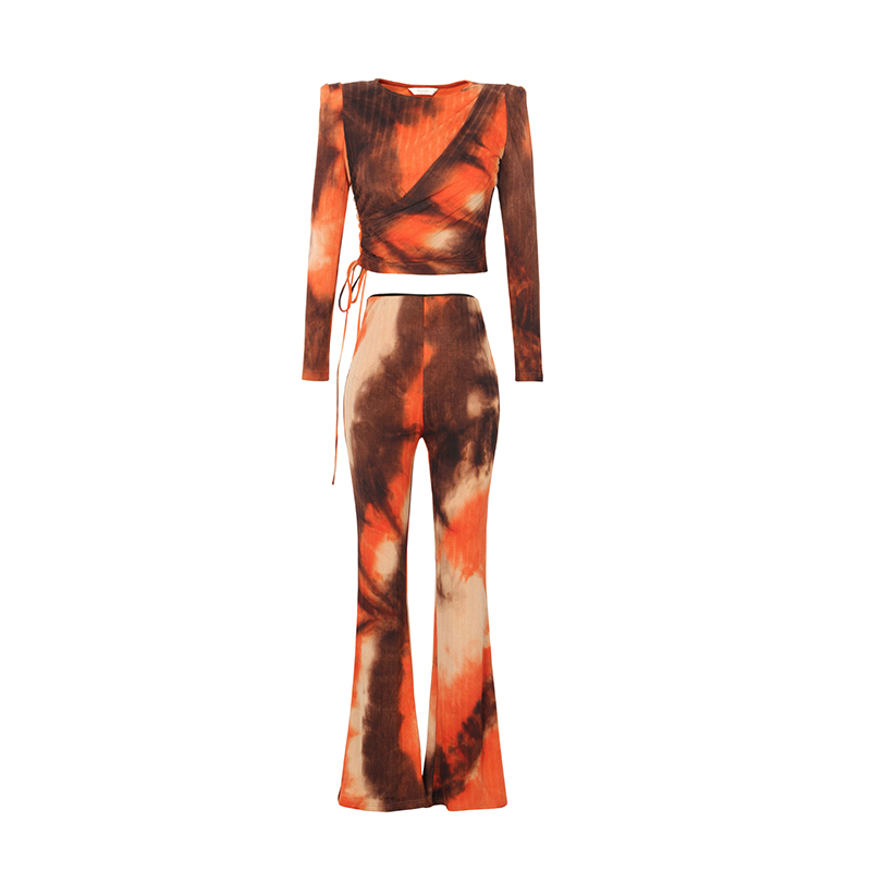 SS2314 Recycled Sustainable Mesh Digital Printed Wrap V neck Crop Long Sleeve, Slim High wasitband, bugle hem straight Pants.