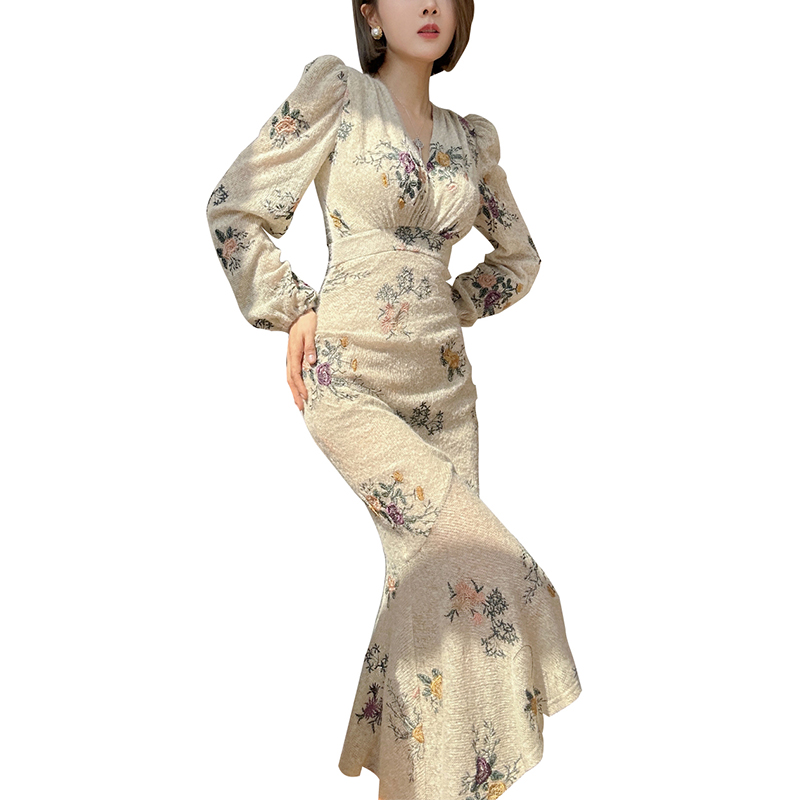 Cotton stretch weaved printing V neck puff sleeve asymmetry bodice dress (2)