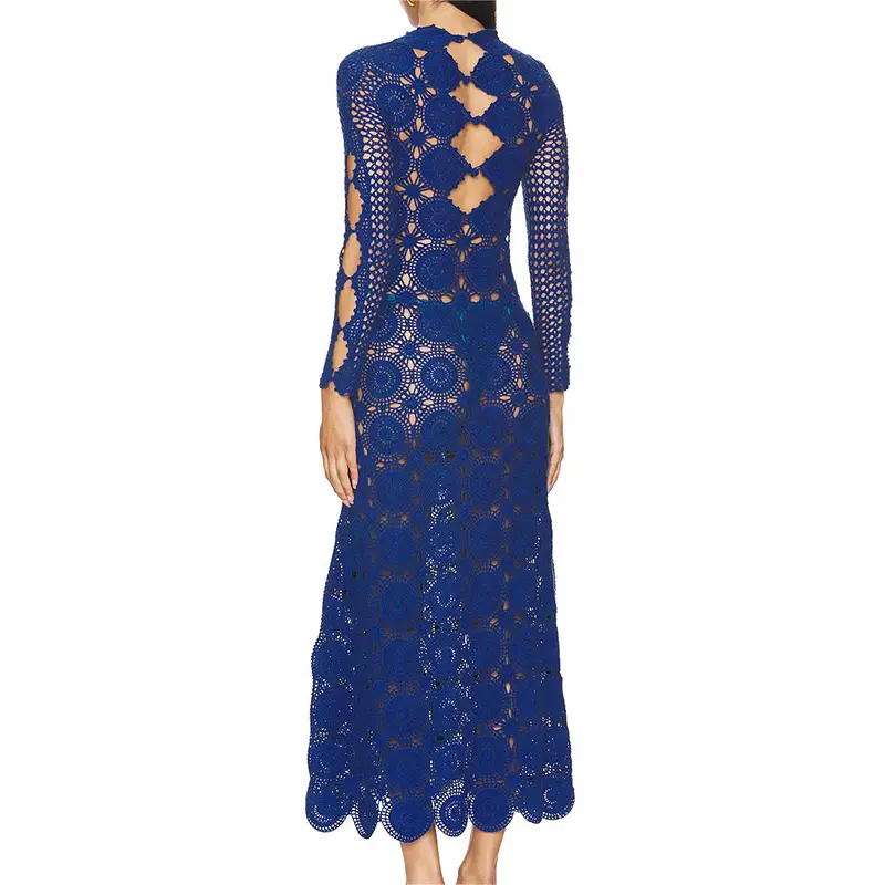 771 100% Cotton Sexy Open Crochet Knit Long Sleeve Dress