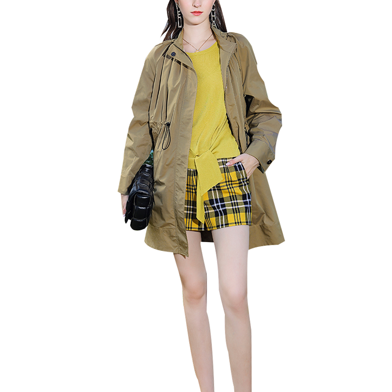SS23101 Cotton Poplin Khaki Stand Neck Long Jacket Coat (1)