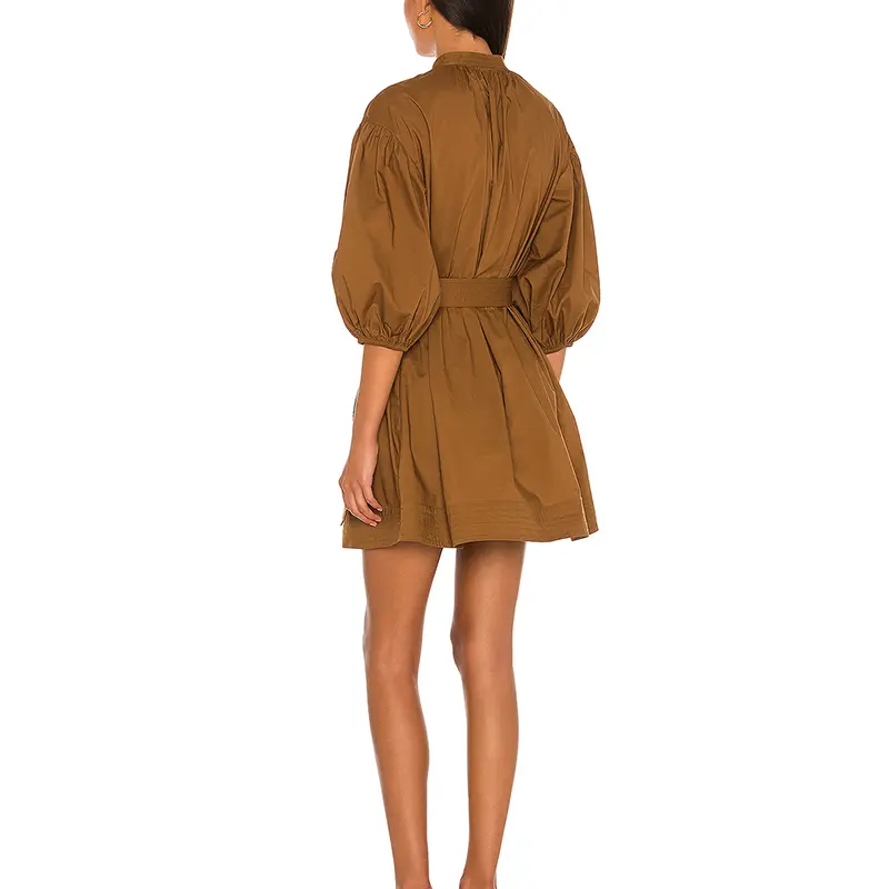 SS2384 Cotton Linen Stand Neck button Up Mid Sleeven Womens blouse Dress