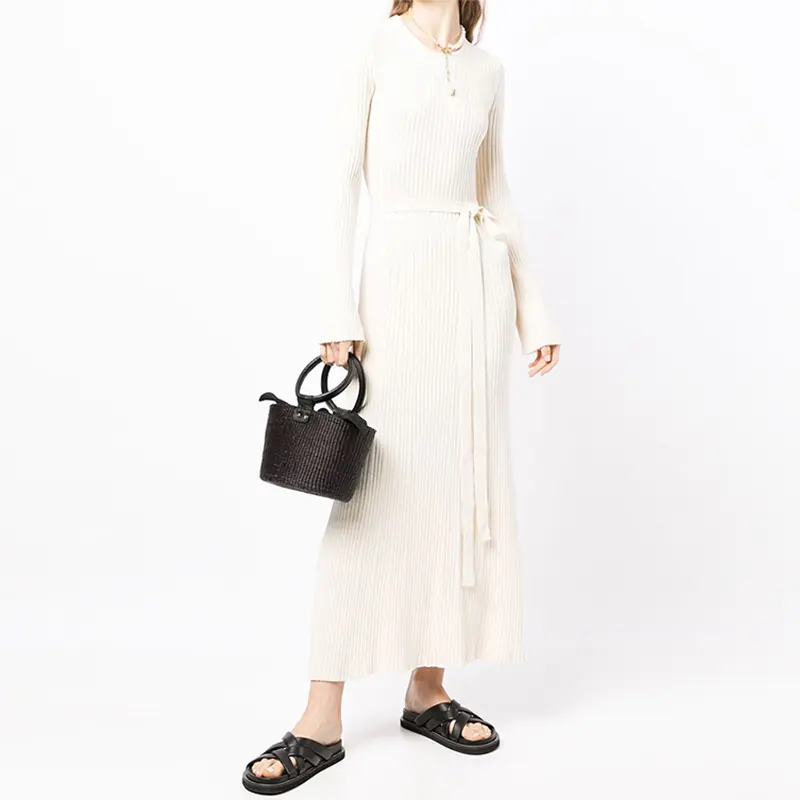 SS2320 Wool Blend tied Cut out Back Round Neck Waistband Kint long dress