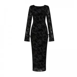 SS230732 Low Scopped back buttery long Sleeve Flocked viscose Velvet Mix Dress
