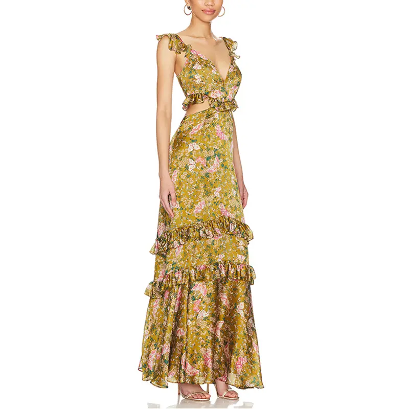 SS2381 Viscose Digital Printed Deep Neck Cut Out Waist Frill Long Dress