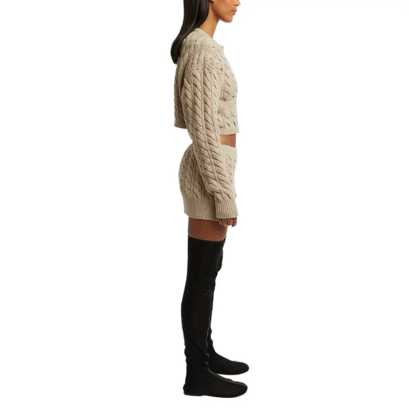 SS230726 Soft Wool Cashmere blend Mini Skirt and Cable Knit Top Set