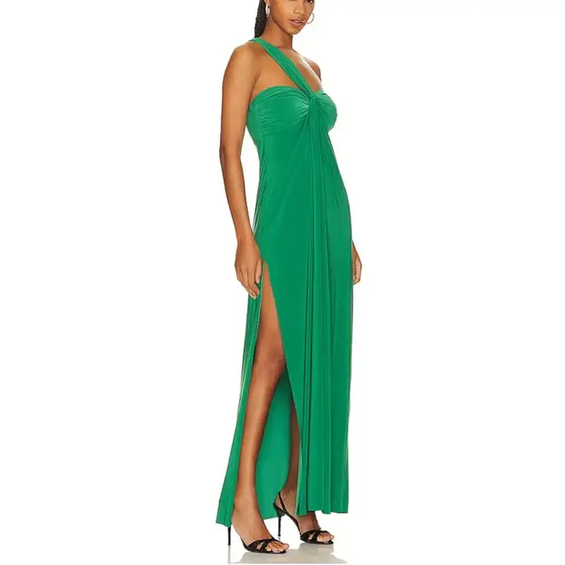 SS230716 Jersey Stretch with high side split One shoulder styling Ruched bust long kelly Green maxdress