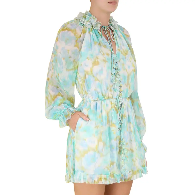SS2376 Cotton Voile Frill Neck tied belt loose sleeve Mid dress (8)