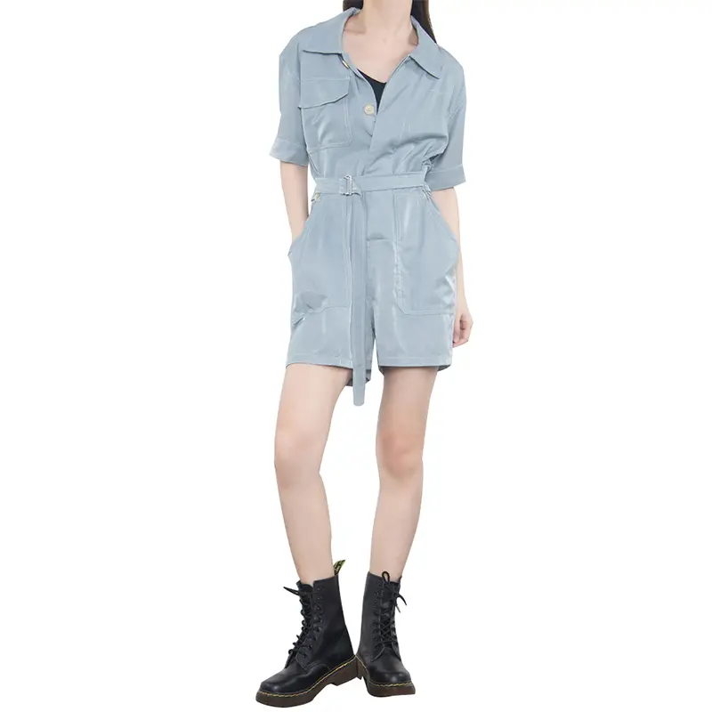 SS23113 Tencel Cotton Wash Blue Shirt Neck long sleeve shorts below Playsuit Jumper