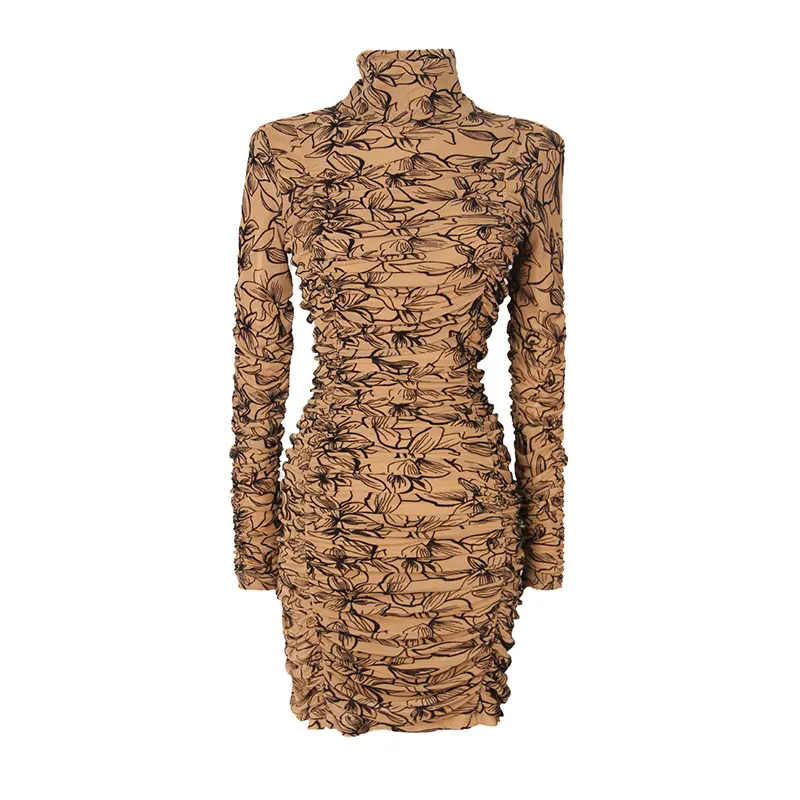 Mesh stretch digital print crinkled high neck midi bodice dress (1)