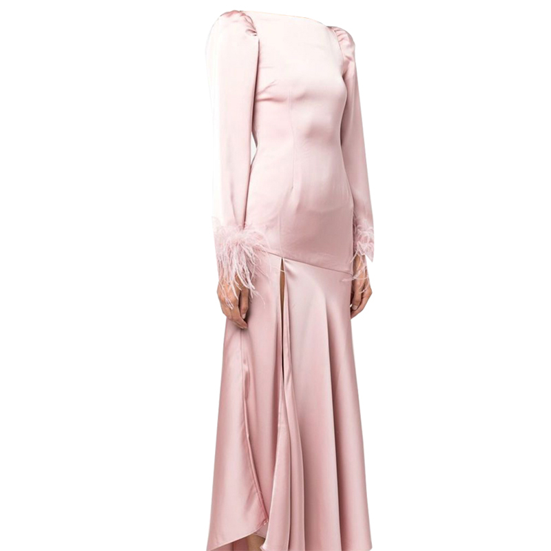 SS2319 Satin Silk Round Neck Long Sleeve Bodice Slim Dress (2)