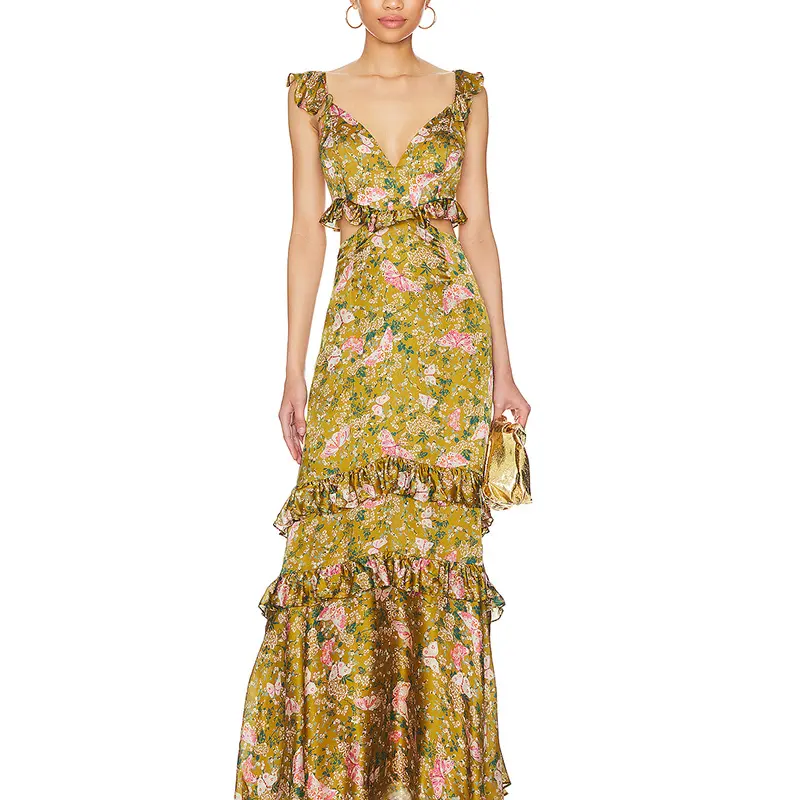 SS2381 Viscose Digital Printed Deep Neck Cut Out Waist Frill Long Dress