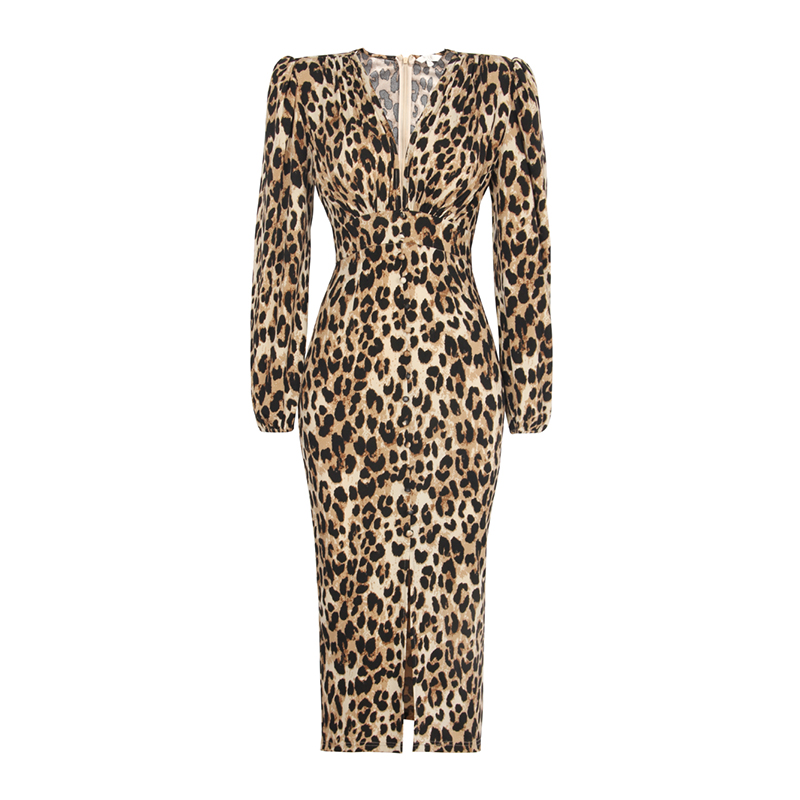SS2312 Rayon V neck Wrap Skinny High Split Long Sleeve Leopard Digital midi dress (1)