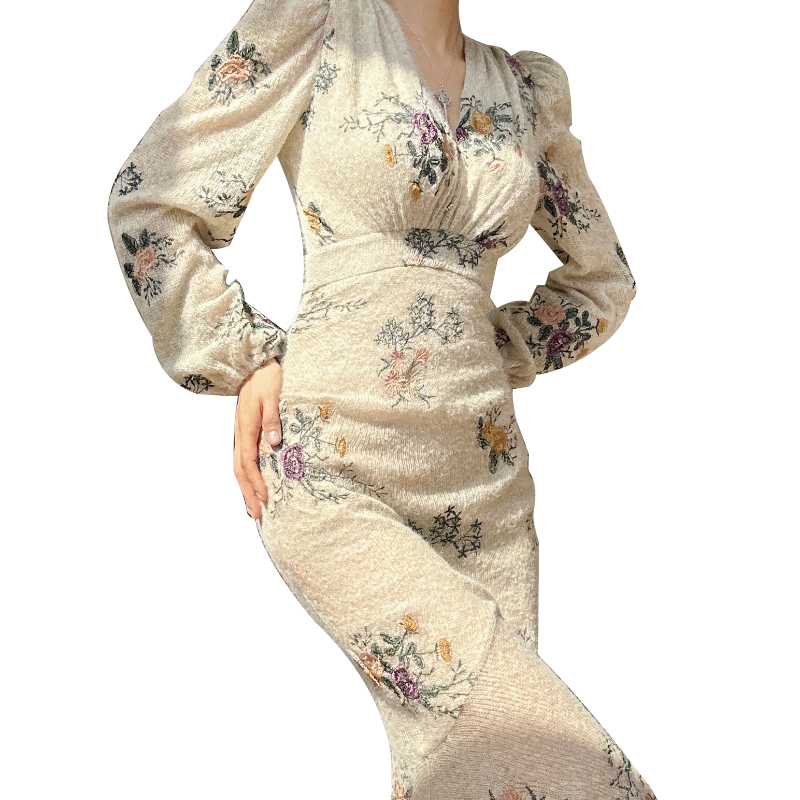 Cotton stretch weaved printing V neck puff sleeve asymmetry bodice dress (4)