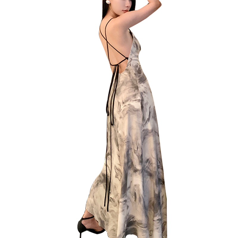 Cotton stretch digital print slip suspenders crew neck midi dress (2)