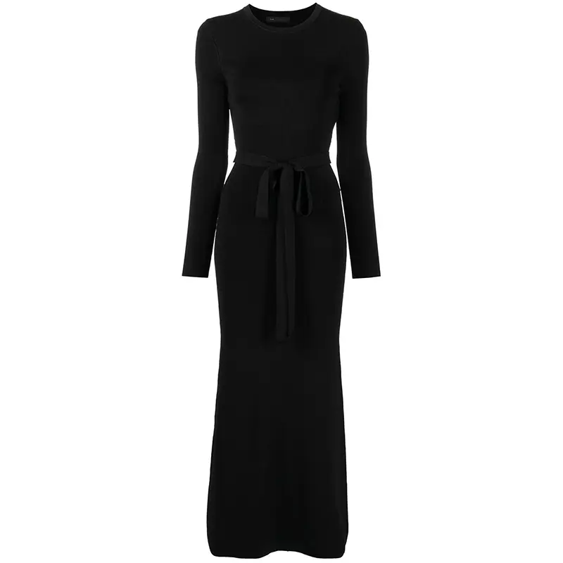 SS2320 Wool Blend tied Cut out Back Round Neck Waistband Kint long dress