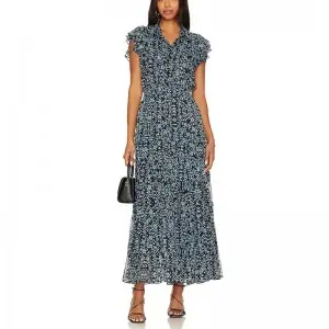 SS230715 Voile Chiffon reffled tier Stand shirt frill printed long dress