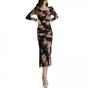 SS2348 Mesh Digital Printed Squared Neck long Sleeve Long Dress