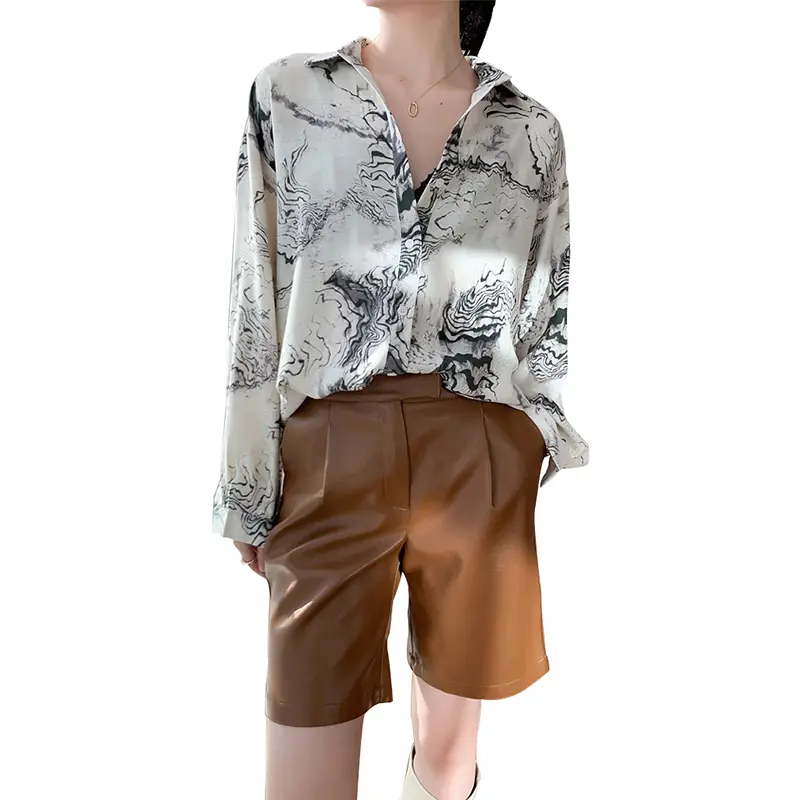 SS2305 Satin Silk ink digital print long sleeve womens blouse shirts