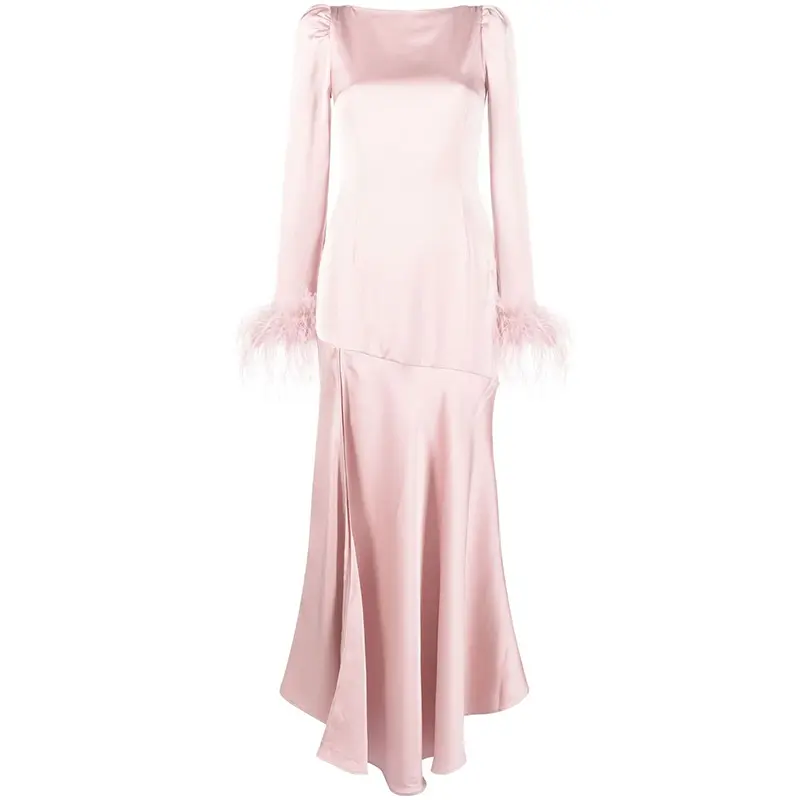 SS2319 Satin Silk Round Neck Long Sleeve Bodice Slim Dress  (1)