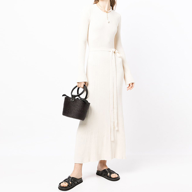 SS2320 Wool Blend tied Cut out Back Round Neck Waistband Kint long dress (2)
