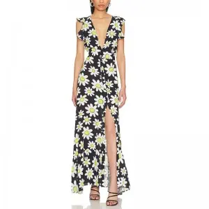 SS2380 Cotton Voile Digital Printed Deep V neck Frill High Split long Dress