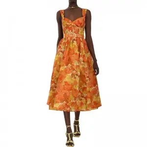 SS2368 Cotton Linen Digital Printed Crop Neck width Strape Puff Long Dress