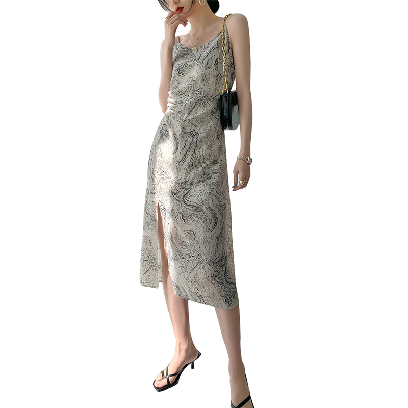 Cotton stretch digital print slip suspenders v neck midi dress (3)