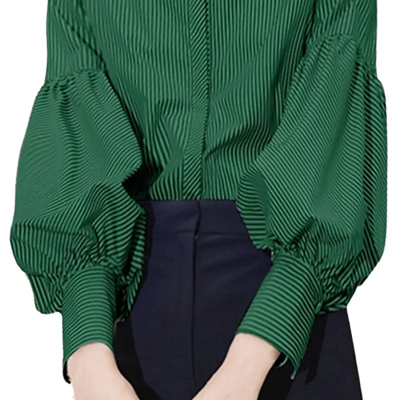 SS2359 Cotton high cuff Lantern long Sleeve Stripe Printed Womens Blouse Shirts