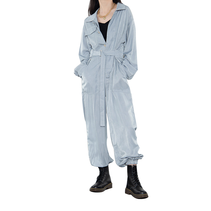 SS23114 Tencel Cotton Wash Blue Shirt Neck long sleeve Pant belt Playsuit Jumper (3)