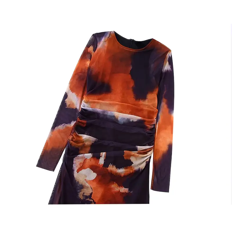 SS2396 Recycled Mesh Digital Printed long Sleeve Crinkled waist Long Dress