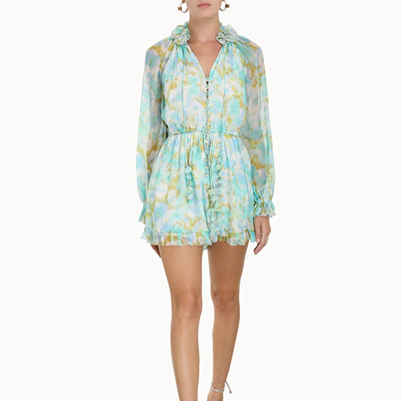 SS2376 Cotton Voile Frill Neck tied belt loose sleeve Mid dress (4)