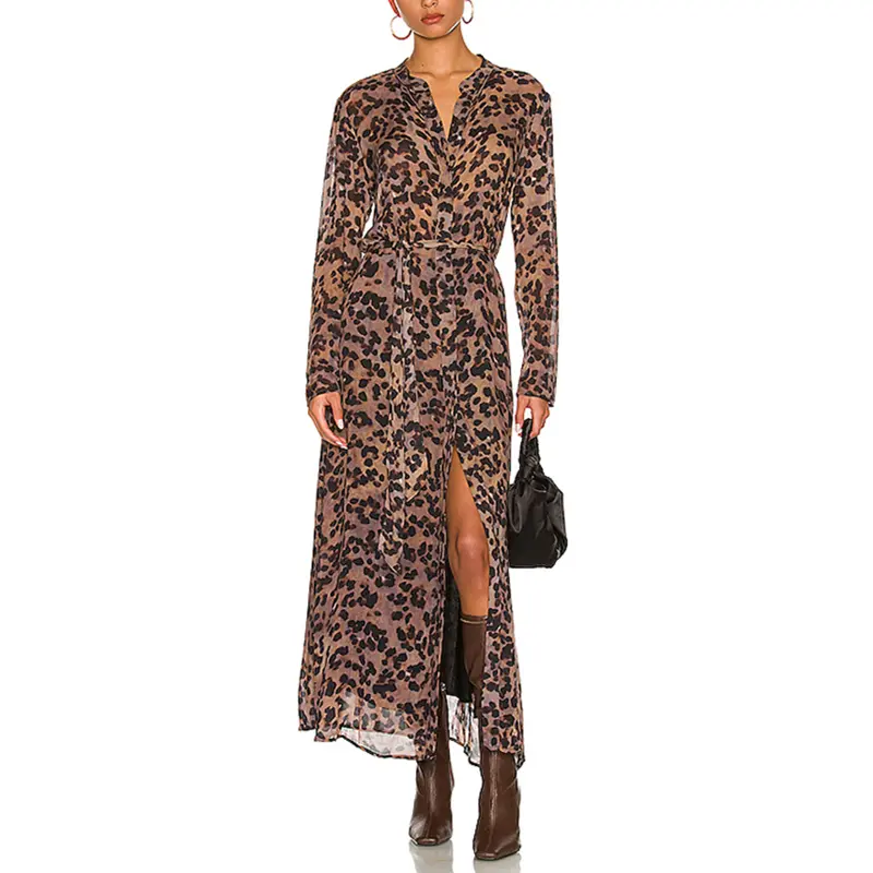 SS2386 Viscose Voile Stand Neck long Sleeve Shirted long dress