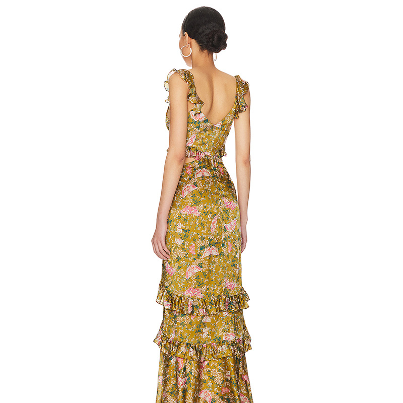 SS2381 Viscose Digital Printed Deep Neck Cut Out Waist Frill Long Dress (6)