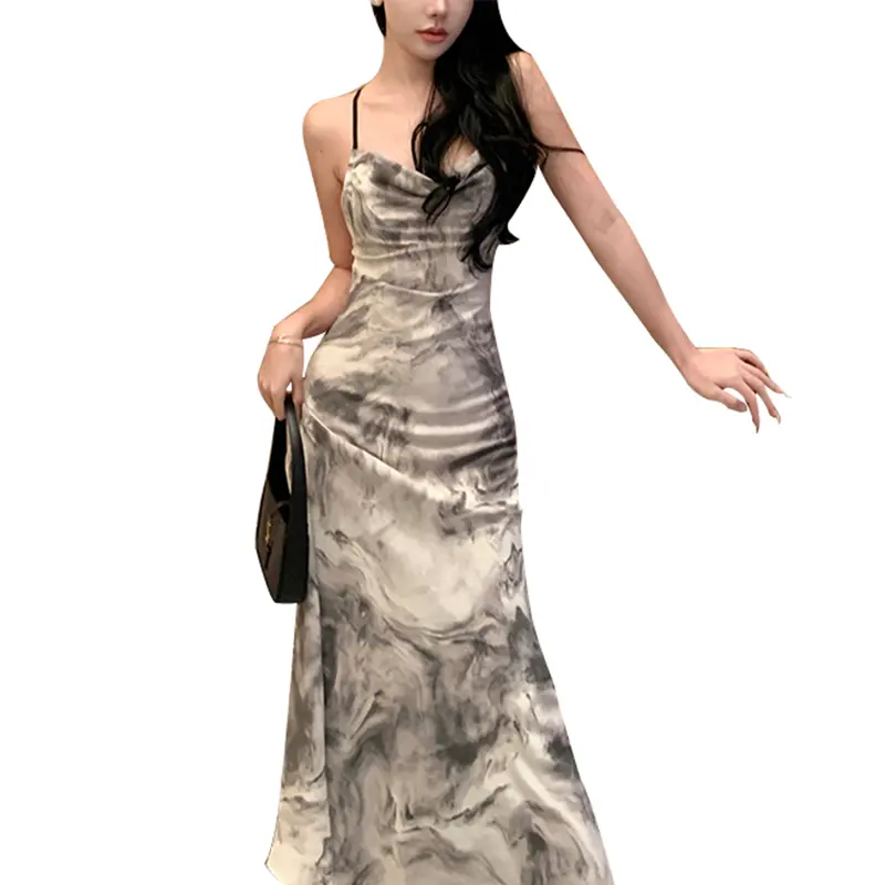 Cotton stretch digital print slip suspenders crew neck midi dress (1)